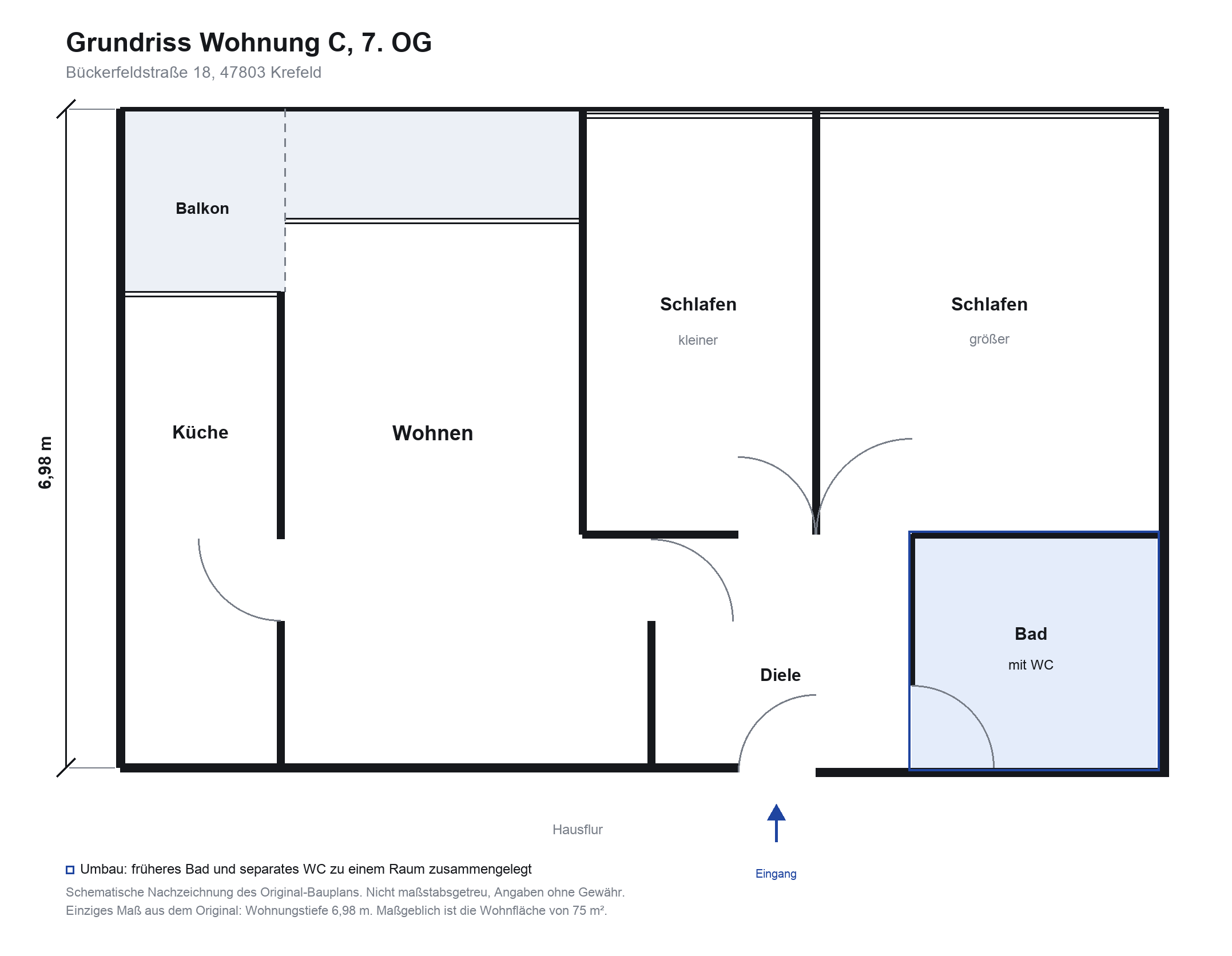 Grundriss der Wohnung Bückerfeldstraße 18 nach dem Umbau, Bad und WC zu einem Raum zusammengelegt